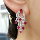 Luxury Natural Diamond Red Lab Ruby Chandelier Bridal Earrings 14K White Gold