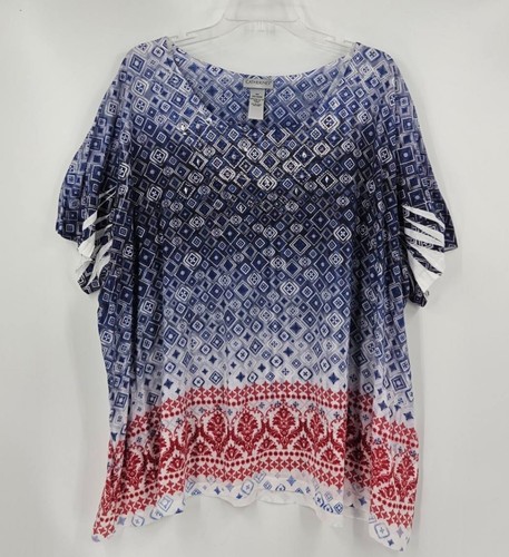 Catherines Women Sz 4X Top Diamond Pattern Red White Blue Sequined Short Sleeve