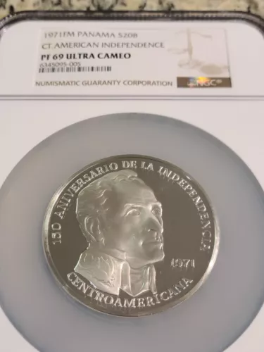 1971 Panama 20 Balboas Silver NGC 69 Ultra Cameo Proof, 150th Anniv.- TOP POP!!!