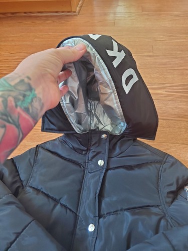 DKNY Sport Jacket Girls Size M 10/12 Black Puffer Hooded Quilted Coat Logo EUC - Picture 3 of 16