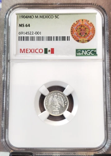 1904 MEXICO SILVER 5 CENTAVOS 5C NGC MS 64 BEAUTIFUL BU MEXICO CITY MINT