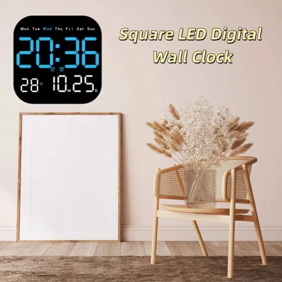 Square LED Large Digital Wall Clock Remote Control Temperature Date Week Display - Image 2 of 4