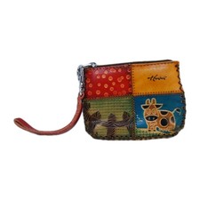 Tooled Leather Change Purse Wristlet Zipper Genuine Leather Colorful Hawaiian