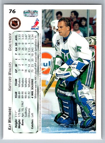 Kay Whitmore 1992-93 Upper Deck HOCKEY #76 Hartford Whalers - Picture 2 of 2