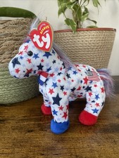 TY Beanie Baby Lefty 2004 Donkey Patriotic Stars Red Blue Bow MWMT Collectible