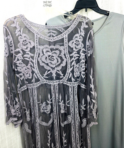 Set 2 pezzi Mindful Souls grigio abito tubino manica quarto pizzo trasparente donna 18 - Foto 3 di 14