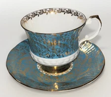 Elizabethan Fine Bone China England Tea Cup & Saucer Teal Blue With Gold Trim