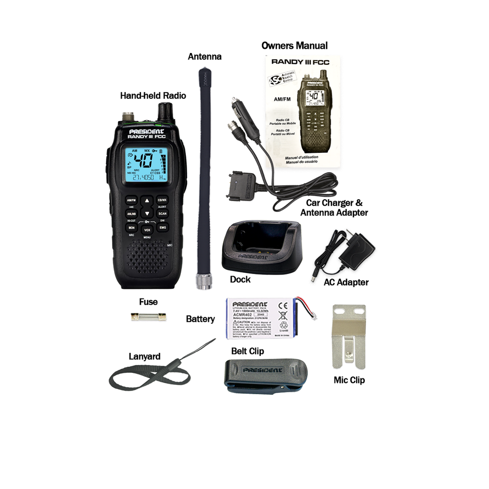 President Randy III FCC AM/FM Handheld or Mobile 40 Ch CB Radio w P ...