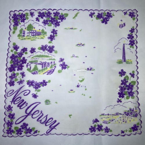 State New Jersey Hanky Hankie Handkerchief Lavender Floral Scalloped Edges Vtg - Picture 2 of 11