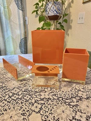 Vtg Modern Pink Salmon Coral Lucite Bathroom Set Acrylic Vanity Postmodern Decor