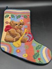 Vintage Christmas Stocking Needlepoint Tapestry Holiday Teddy Bear Wool Velvet