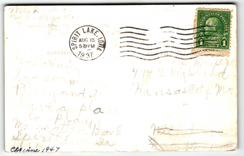 Postal RPPC Manhatten Beach West Okoboji Lake Iowa IA PM 1937 - Imagen 2 de 2