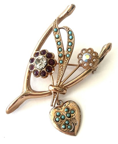 Coro Sterling Wishbone Brooch w Flowers & Dangle Heart Signed - Picture 2 of 5