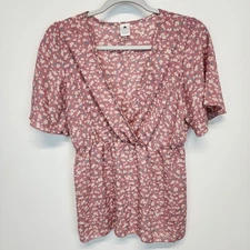 Cozy Rozy Ditsy Floral Peplum Blouse Size S Pink Short Sleeve Faux Wrap Flowy