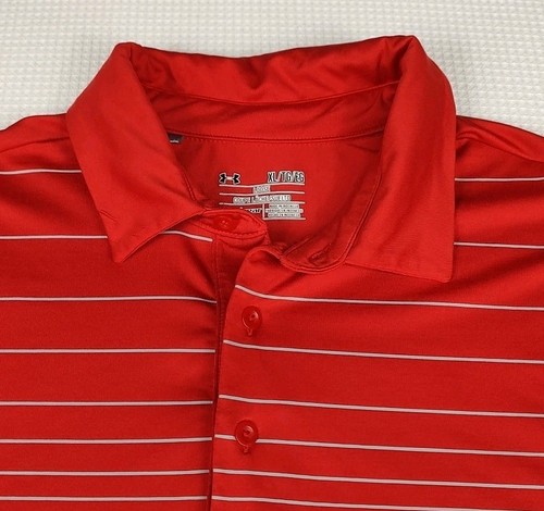 Under Armour Koszulka polo Męska XL Luźny Heat Gear Krótki rękaw Czerwony w paski Golf  - Zdjęcie 2 z 9
