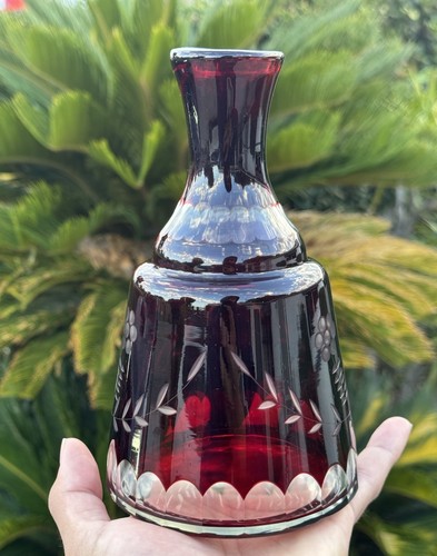 Vintage Bohemian Czech Bedside Water Carafe Set with Glass Ruby Cut to Clear - Picture 3 of 7