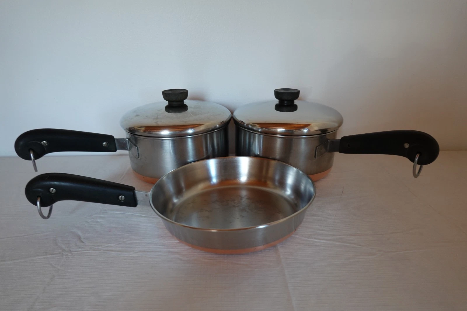Copper Clad Revere Ware Vintage Set of 2 2-Qt Pots w/Lids and 8" Skillet Fry Pan