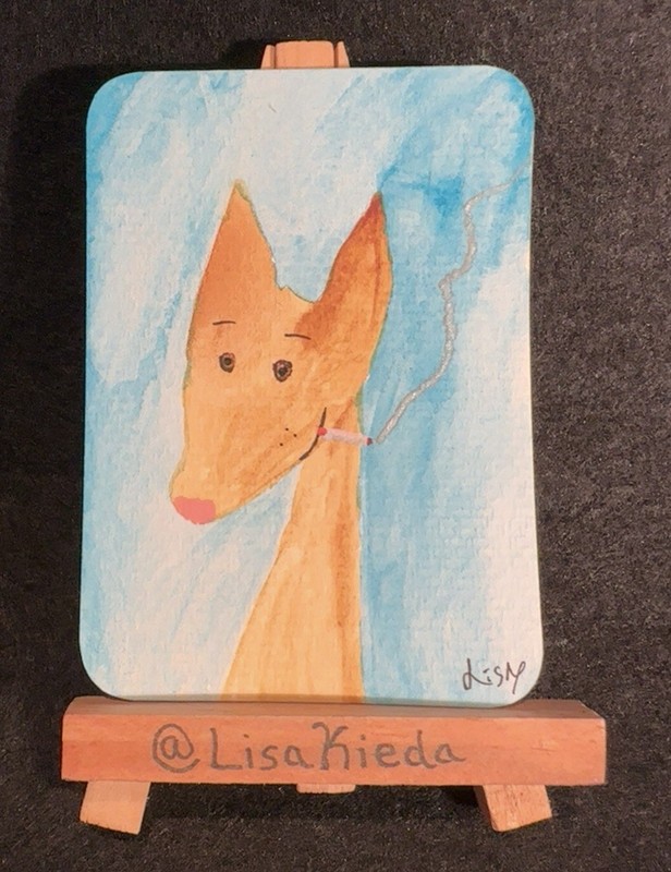 ACEO Original Watercolor and Chalk Painting Cigarette Smoking Dog “Ralph”  