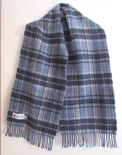 John Hanly 100% Lambswool Plaid Gray Blue Unisex Ireland Fringe Scarf