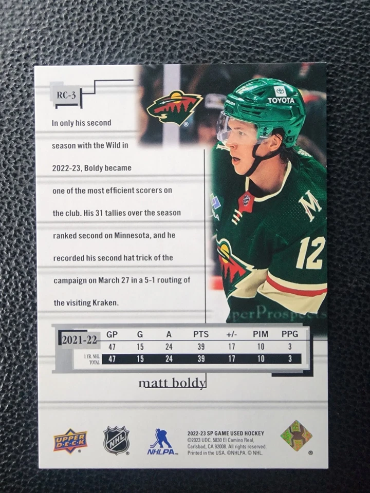 2022-23 SP Game Used #RC-3 Matt Boldy (RC) -Super Prospects /999- Wild - Image 2 of 2