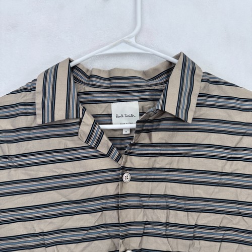 Pault Smith Shirt Mens M Beige Stripe Camp Loop Collar - Picture 2 of 6