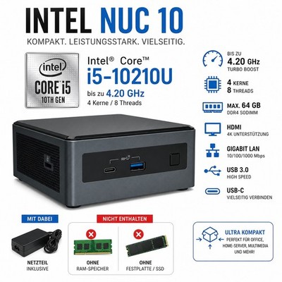   Intel NUC10i5FNK Mini-PC | Intel Core i5-10210U |Ohne RAM /SSD | Mit Netzteil