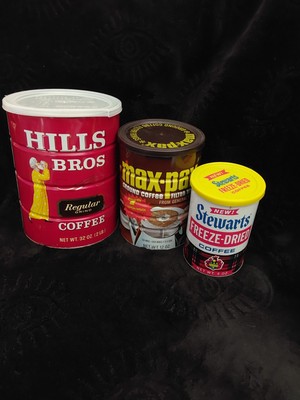 Vintage Coffee Cans Hills Bros Max Pax Stewart's 1960-70s Very Nice Condition 