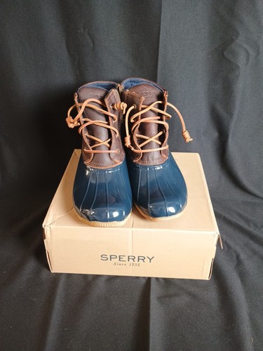 Sperry Womens Saltwater Navy/Tan Leather Duck Boots- Water Resistant -BRAND NEW