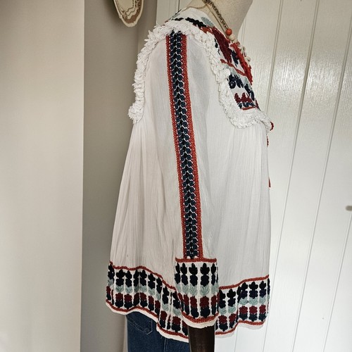 Zara White Indian Cotton Embroidered Folk Fringe Boho Tie Top Summer Jacket S 8 - Picture 7 of 24