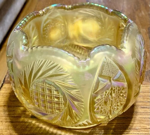 Fenton? Gold Opalescent Carnival Glass Rose Bowl Vase Candle Bowl Starburst