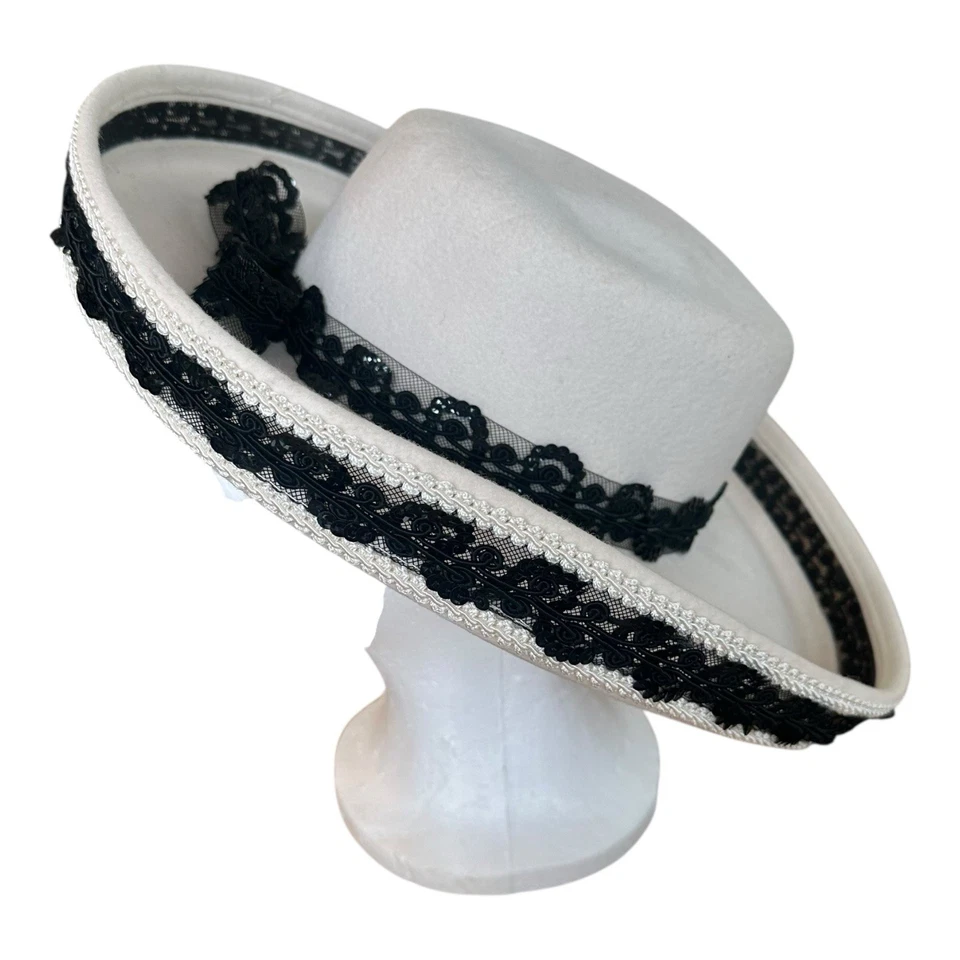 VTG 80s Deborah NY Black Cream 100% Wool Hat Sequin Bow Derby Church Glam - Image 3 of 4