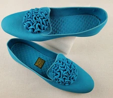 1960s Daniel Green Turquoise Boudoir Slippers Size 9 Rosette Decoration Loafers