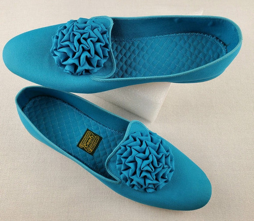 1960s Daniel Green Turquoise Boudoir Slippers Size 9 Rosette Decoration Loafers - Picture 1 of 18