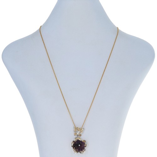 Silver Amethyst Pendant Necklace 17 3/4" - 925 Gold Plated Carved Flower - Picture 2 of 8