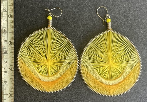 Große Seidenfaden Runde Ohrringe Gelb Alpaka Silber Peruanisch Handarbeit Boho - Bild 3 von 5