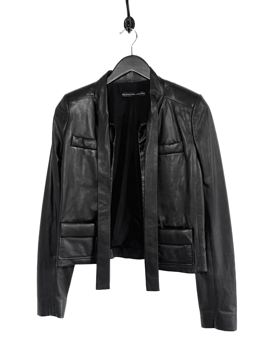 Balenciaga Black Leather Neck Tie Open Jacket Size Medium