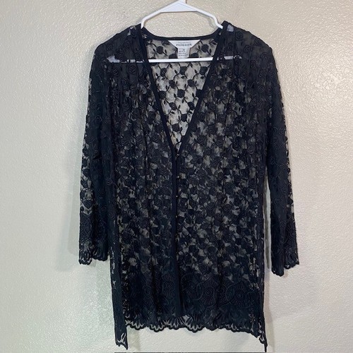 Misook Strickjacke Jacke Damen Medium Spitze transparent Strick Blumen lang Knopf