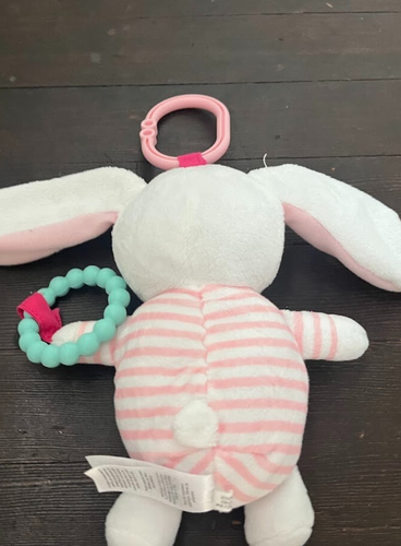 Carters Plush Pink Bunny Baby Toy Striped Heart Aqua Teether Ring Clip Music - Picture 4 of 4