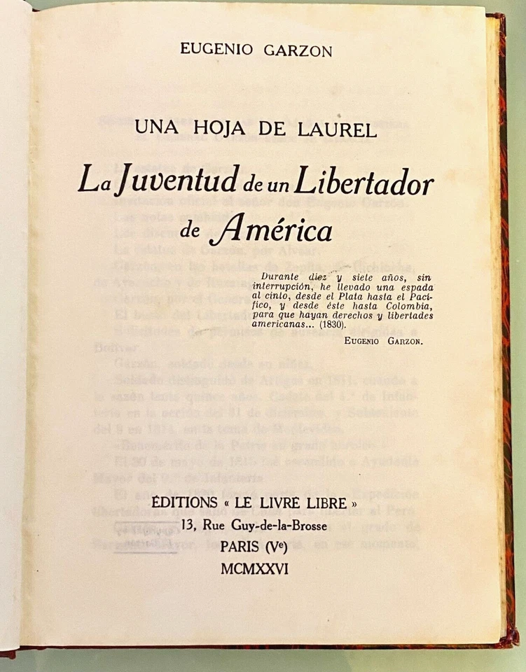 EUGENIO GARZON - UNA HOJA DE LAUREL (Spanish) 1926 1st Edition /Signed by Author - Image 2 of 4