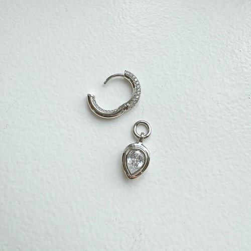 Luv Aj Pear Double Bezel Charm Dangle Huggie Hoop Earrings CZ Polished Rhodium - Picture 3 of 6