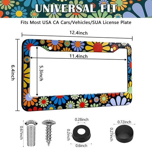 Colorful Hippie Flowers License Plate Frame 2 Pack Women Car Plate Holder Cover - Picture 4 of 6
