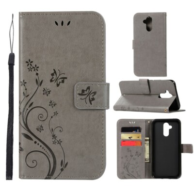 Wallet Case Butterfly Flower Motiv Tasche Hülle Bag Grau für Huawei Mate 20 Lite