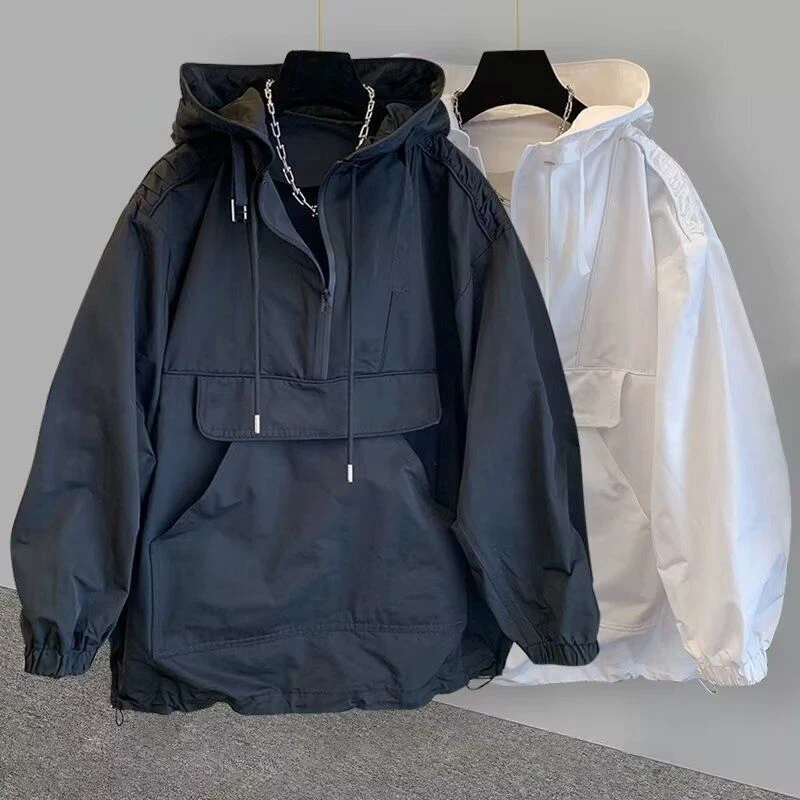 Men's Casual Anorak Hooded Windbreaker Plain Pullover Waterproof Two Tone Hoodie