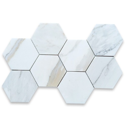 G35XP 5" Hexagon Calacatta Gold Venato Calacatta Marble Mosaic Tile Polished - Picture 1 of 6
