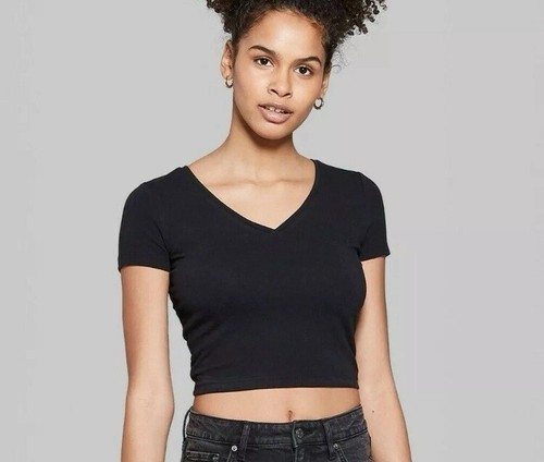Set Of 2 Women's Short Sleeve V Neck Cropped T Shirt Black & White Wild Fable M - Picture 3 of 6