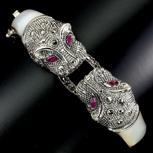Silver Bangle Ruby Mother of Pearl Marcasite Genuine Gems Solid Sterling - Picture 11 of 24