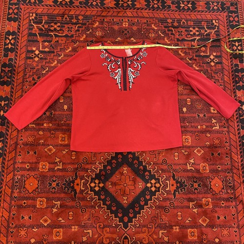 Top Y2K Vintage Rojo Negro Blanco Cuentas Bordado Floral Manga Larga Talla 3XL - Imagen 4 de 8