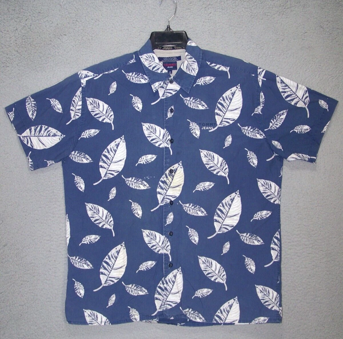 Tommy Jeans Shirt Adult Medium Blue White Hawaiian Button Short Sleeve Mens