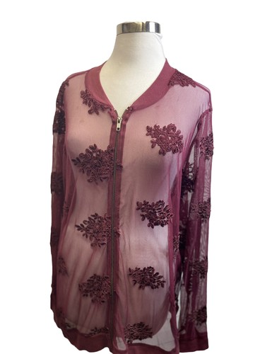 TORRID Sheer Jacket Burgundy Embroidered Mesh Zip Front Size 4X - 第 2/10 張圖片