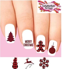 Waterslide Nail Decals Set of 20 - Merry Christmas Buffalo Red Plaid Assorted